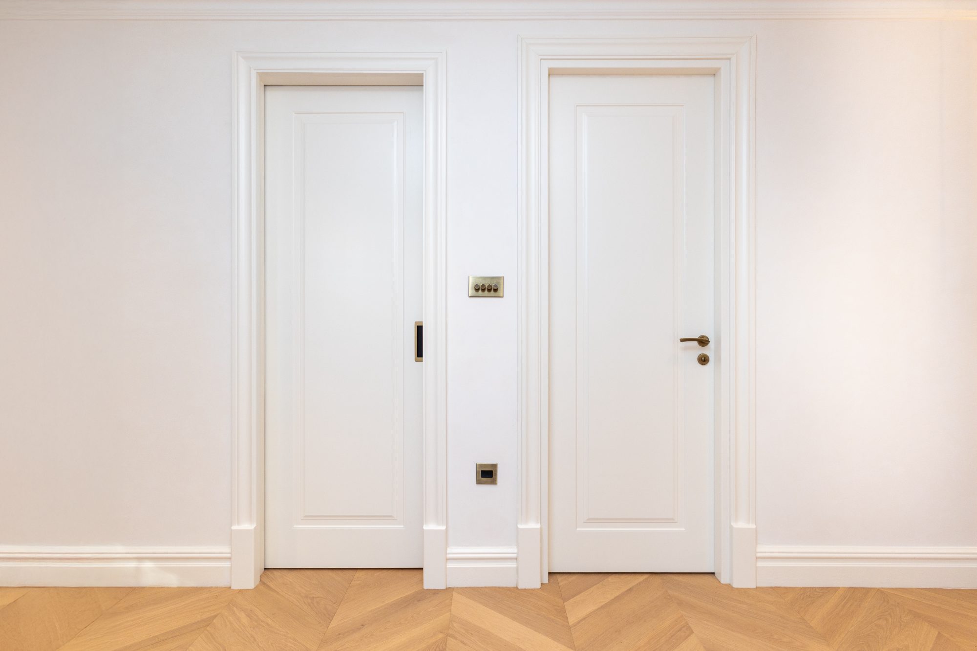 Two panelled internal doors with aged brass ironmongery, seen flat on